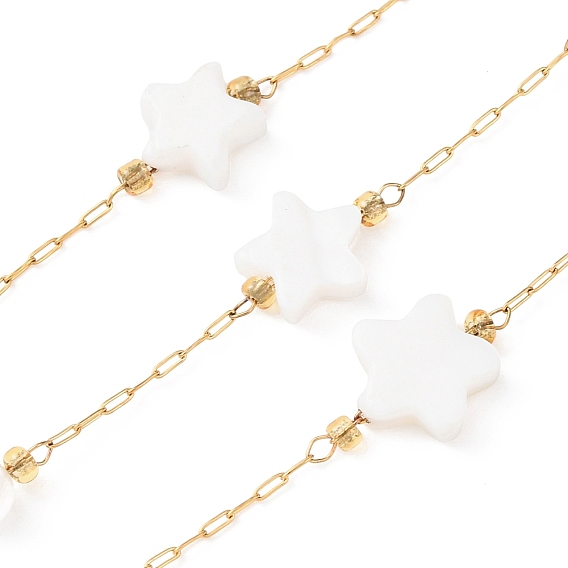 304 Цепи из нержавеющей стали и натуральных ракушек с круглыми и звездообразными бусинами, ионное покрытие (ip), пайки, с катушкой