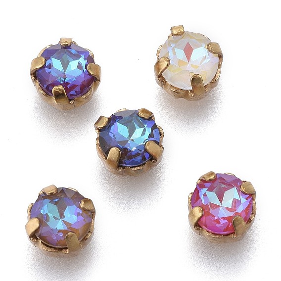 Шить на горный хрусталь, стекло горный хрусталь, с позолоченными латунными зубцами, граненые, плоско-круглые, Радуга цветов