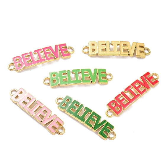 Alloy Enamel Links Connectors, Word BELIEVE, Golden