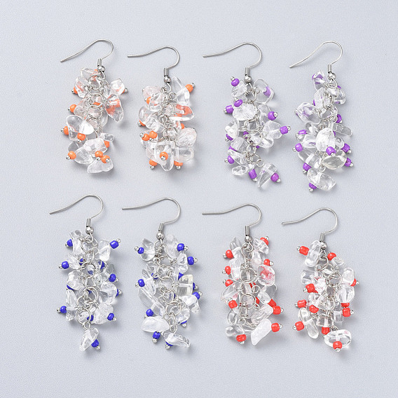 Dangle Earrings, with Glass Seed Beads, Natural Quartz Crystal Chips Beads and Stainless Steel Earring Hooks