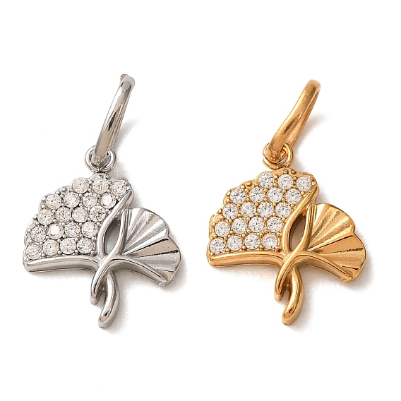 304 Stainless Steel Micro Pave Clear Cubic Zirconia Charms, Ginkgo Leaf Charms