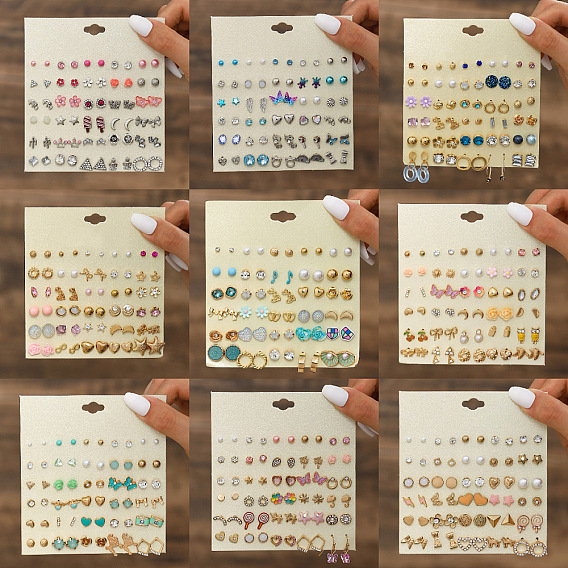 30пары комплектов серег-гвоздиков из сплава и пластика с имитацией жемчуга и страз