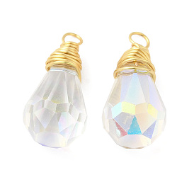 Rack Plating Brass with Glass Pendant, Cadmium Free & Lead Free, Long-Lasting Plated, Faceted Teardrop Charms