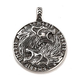 304 Stainless Steel Pendants, Flat Round with Viking Symbol and Wolf
