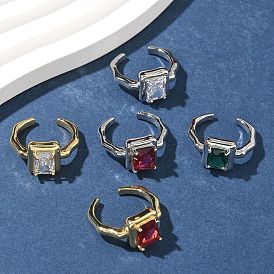 Латунная манжета с открытыми кольцами из кубического циркония/стекла, прямоугольные, без кадмия и без свинца, долговечный, стойки покрытие, настоящий 18k позолоченный/платиновый