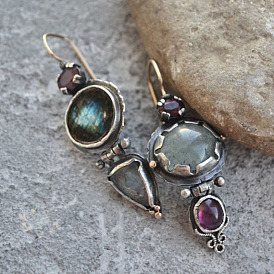 Retro Asymmetric Earrings with Multicolored Gemstones - Creative Jewelry, Inlaid Stones.
