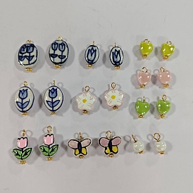 20Stück 10Stile handgefertigte Porzellananhänger, mit  eisernem Zubehör, gemischte formen charms, golden