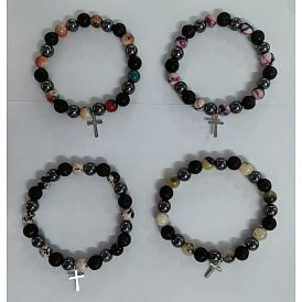 Natural & Synthetic Gemstone Bead Stretch Bracelets, with 304 Stainless Steel Cross Pendants