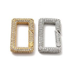 Brass Micro Pave Clear Cubic Zirconia Spring Gate Rings, Cadmium Free & Lead Free, Rectangle