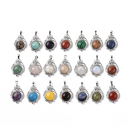 Gemstone Pendants, Half Round Charms, with Rack Plating Platinum Tone Brass Planet