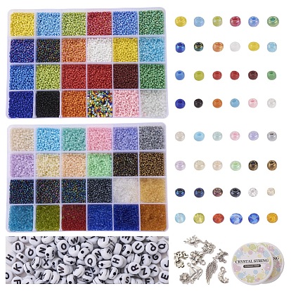 DIY Colorful Jewelry Kits for Children's Day, Including 48 Colors Glass Seed Beads, 250Pcs Alphabet Acrylic Beads, 2 Rolls Elastic Crystal Thread and 10Pcs Alloy Pendants