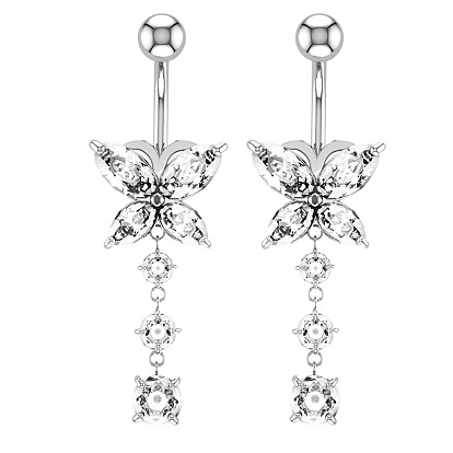 Piercing Jewelry, Brass Cubic Zirconia Navel Ring, Belly Rings, with 304 Stainless Steel Bar, Butterfly