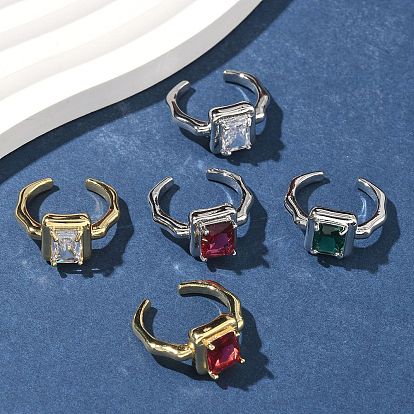 Латунная манжета с открытыми кольцами из кубического циркония/стекла, прямоугольные, без кадмия и без свинца, долговечный, стойки покрытие, настоящий 18k позолоченный/платиновый