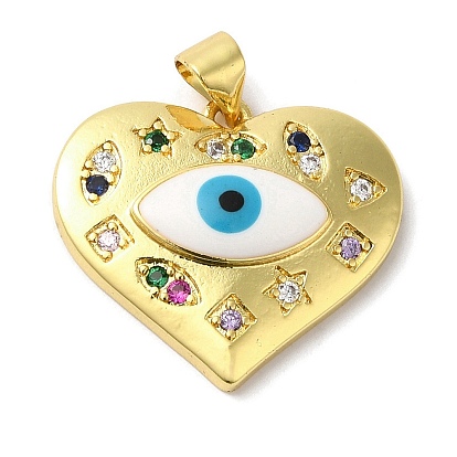 Rack Plating Brass Micro Pave Cubic Zirconia Pendants, with Enamel, Long-Lasting Plated, Lead Free & Cadmium Free, Heart with Evil Eye