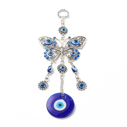 Alloy & Glass Turkish Blue Evil Eye Pendant Decoration, with Butterfly Charm, for Home Wall Hanging Amulet Ornament