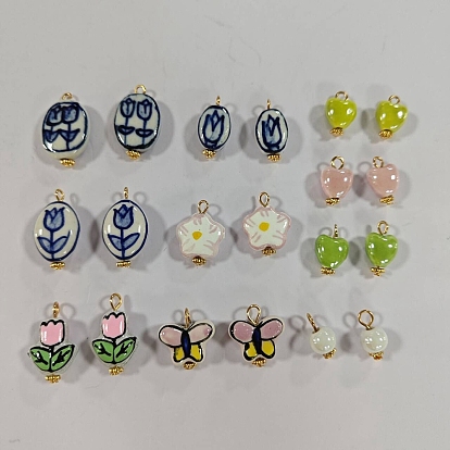 20Stück 10Stile handgefertigte Porzellananhänger, mit  eisernem Zubehör, gemischte formen charms, golden