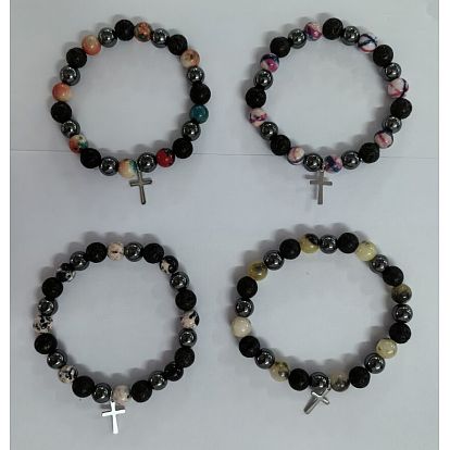 Natural & Synthetic Gemstone Bead Stretch Bracelets, with 304 Stainless Steel Cross Pendants