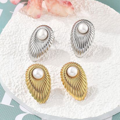 304 из нержавеющей стали серьги, с бисером пресноводного жемчуга, слеза, ионное покрытие (ip)