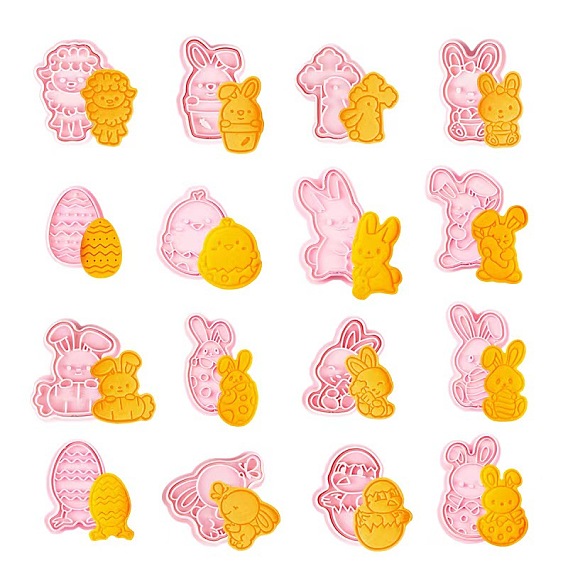 16Pcs Easter Theme Plastic Cookie Cutters, Cookies Moulds, DIY Biscuit Baking Tools, Rabbit & Chick & Egg & Lamb & Flower, Mixed Patterns