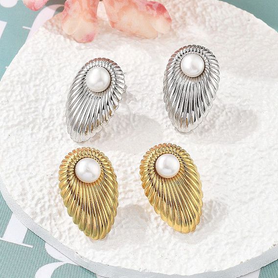 304 из нержавеющей стали серьги, с бисером пресноводного жемчуга, слеза, ионное покрытие (ip)