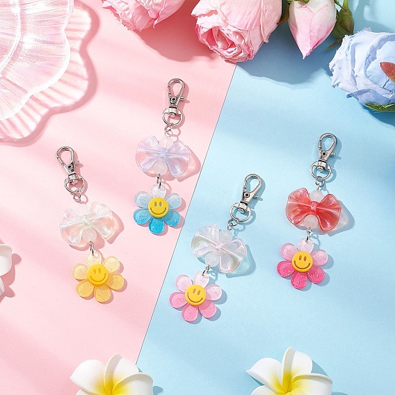 4Pcs Smiling Flower & Bowknot Acrylic Pendant Decorations, with Alloy Swivel Clasps