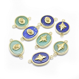Natural Gemstone Links Connectors, with Brass Findings, Oval and Flat Round, Golden