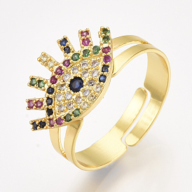 Adjustable Brass Micro Pave Cubic Zirconia Finger Rings, Cadmium Free & Lead Free, Eye