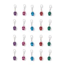 20piezas 5colores decoraciones colgantes de plástico, cráneo, con aleación de zinc hebillas de pinza de langosta, color mezclado