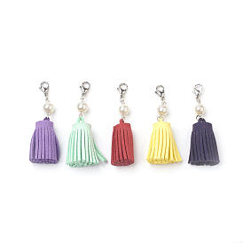Faux Suede Cord Tassel Pendant, with Glass Pearl Beads and 304 Stainless Steel Lobster Claw Clasps