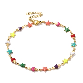 304 Stainless Steel Anklet, Enamel Colorful Star and Heart Chain for Women