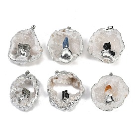 Gemstone & Druzy Agate Geode Pendants, Flat Round Charms with Stainless Steel Findings, Stainless Steel Color