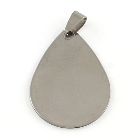 201 pendentifs en forme de goutte en acier inoxydable avec étiquette vierge, avec fermoirs bélières snap on, polissage d'un côté, 38x27x1mm, Trou: 7x3.5mm