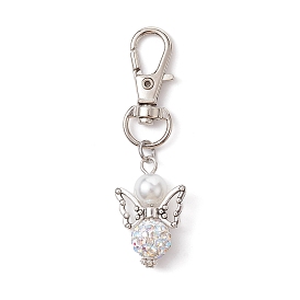 Angel Polymer Clay Rhinestone Pendant Decorations, with Glass Pearl Beads, Alloy Swivel Lobster Claw Clasps