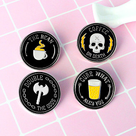 Skull & Axes Coffee Cup Badge - Gothic Round Pin with Lettering