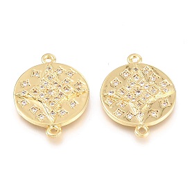Brass Micro Pave Clear Cubic Zirconia Links Connectors, Long-Lasting Plated, Flat Round with Star