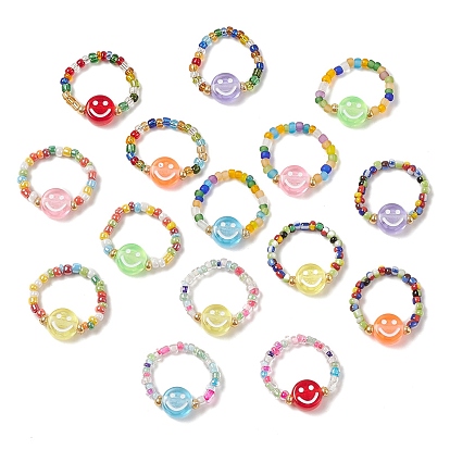Glass Seed & Acrylic Smiling Face Beaded Stretch Ring