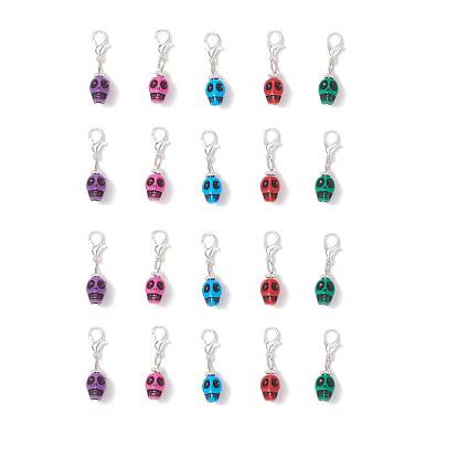 20piezas 5colores decoraciones colgantes de plástico, cráneo, con aleación de zinc hebillas de pinza de langosta, color mezclado