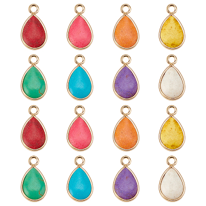 16Pcs 8 Colors Synthetic Turquoise Pendants, with Light Gold Plated Brass Edge, Teardrop, Dyed