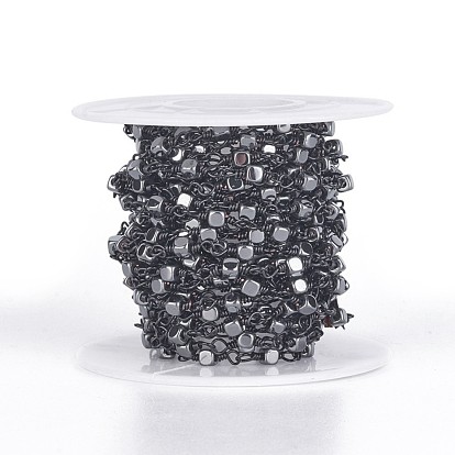 Handmade Non-magnetic Synthetic Hematite Beaded Chains, Unwelded, with Brass Findings, with Spool, Cube