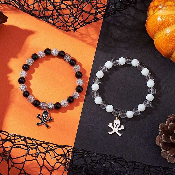 2шт 2 цвета тема Хэллоуина череп сплав эмалированный браслеты с подвесками, стеклянные круглые бусины эластичные браслеты для мужчин и женщин