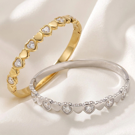 304 Stainless Steel Pave Clear Cubic Zirconia Hinged Cuff Bangles for Women, Heart