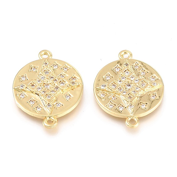 Brass Micro Pave Clear Cubic Zirconia Links Connectors, Long-Lasting Plated, Flat Round with Star