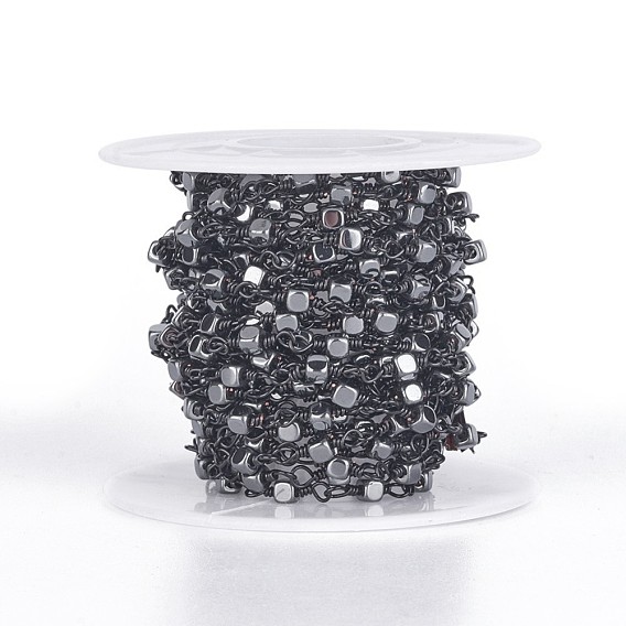 Handmade Non-magnetic Synthetic Hematite Beaded Chains, Unwelded, with Brass Findings, with Spool, Cube