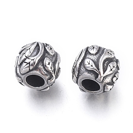304 Stainless Steel European Beads, Large Hole Beads, Rondelle with Leaf
