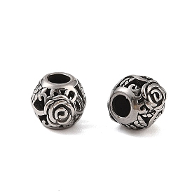 304 Stainless Steel European Beads, Large Hole Beads, Round with Flower