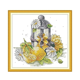 Lantern with Flower Pattern DIY Cross Stitch Beginner Kits, Stamped Cross Stitch Kit, Including 11CT Printed Cotton Fabric, Embroidery Thread & Needles, Instructions