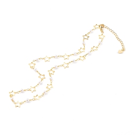 Round Glass Beaded Necklaces, with Brass Star Links, White