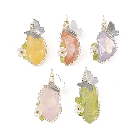 Colgantes envueltos en alambre de cobre de cuarzo natural galvanizado, dijes de pepitas de mariposa con cuentas de fragmentos de peridoto natural, el color plateado de plata