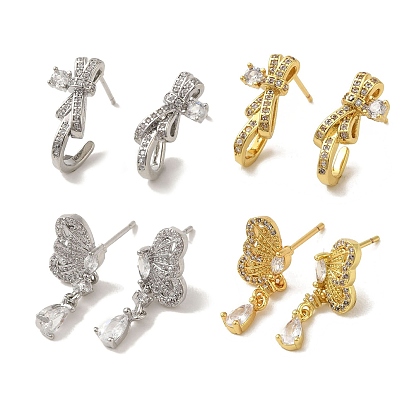 Brass Stud Earrings, Cubic Zirconia, Cadmium Free & Lead Free, Butterfly