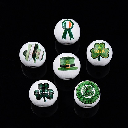 Saint Patrick's Day Theme Printed Wooden Beads, Round with Clover(Shamrock)/Flag/Hat Pattern